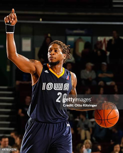 Cartier Martin of the Iowa Energy calls a play during an NBA D-League game against the Idaho Stampede on November 18, 2015 at CenturyLink Arena in...