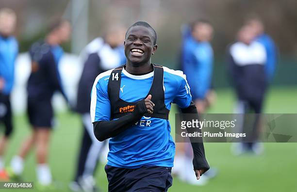 Golo Kante smiles during the Leicester City training session at Belvoir Drive Training Complex on November 19 , 2015 in Leicester, United Kingdom.