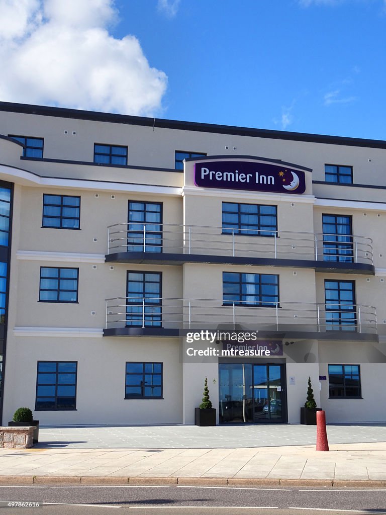 Image of modern Premier Inn Hotel exterior by Exmouth beach