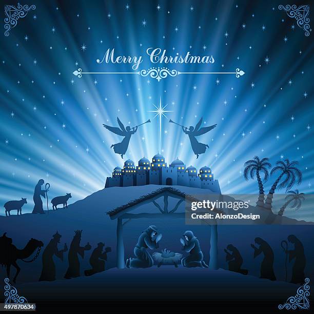 holy night scene - bethlehem stock illustrations