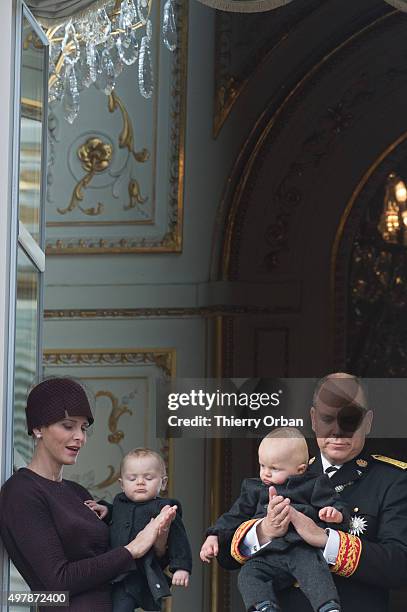 Prince Albert II of Monaco, Princess Charlene of Monaco, Princess Gabriella and Prince Jacques appear on the balcony of the Palace of Monaco for...
