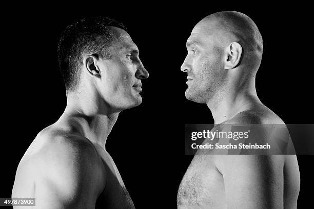 Wladimir Klitschko and Tyson Fury face each other at Esprit-Arena on July 21, 2015 in Duesseldorf, Germany. The Heavyweight title clash between...