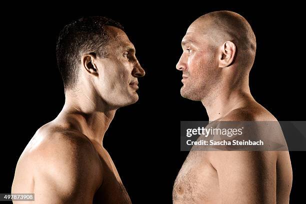 Wladimir Klitschko and Tyson Fury face each other at Esprit-Arena on July 21, 2015 in Duesseldorf, Germany. The Heavyweight title clash between...