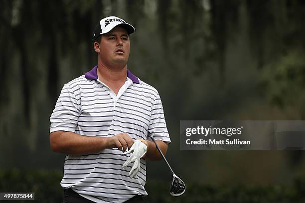 Michael Putnam prepares to tee off on the 2nd hole on the Plantation Course during the first round of The RSM Classic on November 19, 2015 in St...