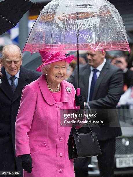 Queen Elizabeth II visits the Metroline Tramline Extension on November 19, 2015 in Birmingham, England.