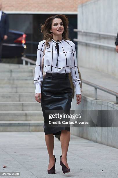 Queen Rania Abdullah of Jordan visits the Prado Media Lab cultural center on November 19, 2015 in Madrid, Spain.