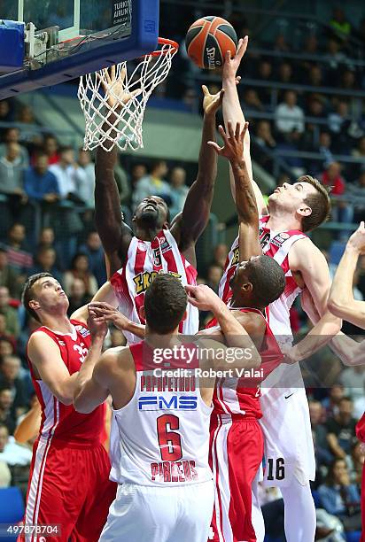 Othello Hunter, #5 and Dimitrios Agravanis, #16of Olympiacos Piraeus competes with Marko Arapovic, #35 of Cedevita Zagreb during the Turkish Airlines...
