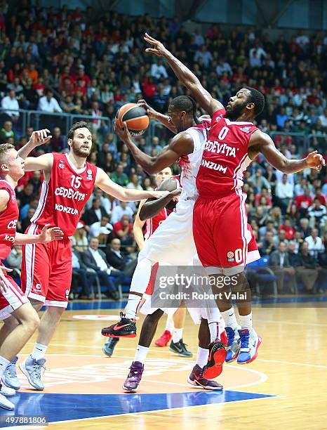 Strawberry, #8 of Olympiacos Piraeus competes with Jacob Pullen, #0 of Cedevita Zagreb during the Turkish Airlines Euroleague Regular Season Round 6...