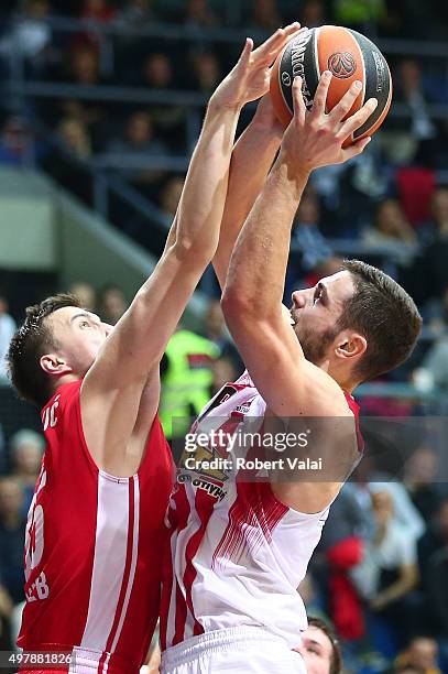 Miro Bilan, #15 of Cedevita Zagreb competes with Ioannis Papapetrou, #6 of Olympiacos Piraeus in action during the Turkish Airlines Euroleague...