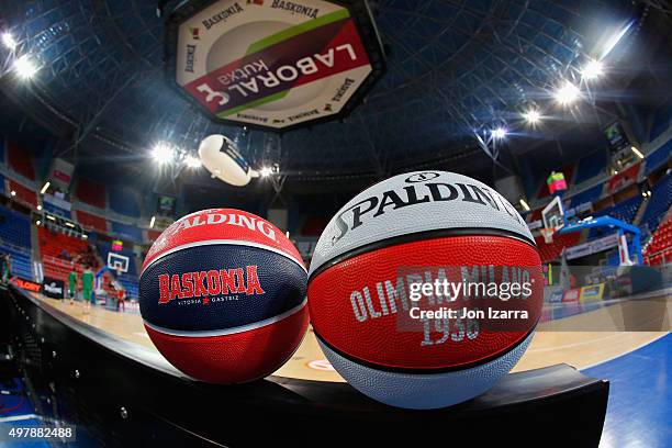 The basketballs waiting for the game to start during the Turkish Airlines Euroleague Regular Season Round 6 game between Laboral Kutxa Vitoria...