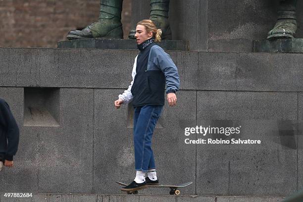 Rocco Ritchie plays on a skateboard on November 19, 2015 in Turin, Italy.