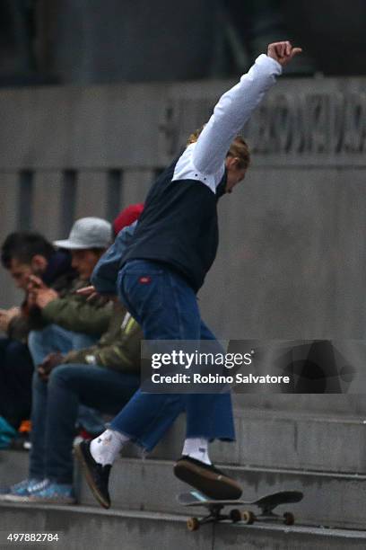 Rocco Ritchie plays on a skateboard on November 19, 2015 in Turin, Italy.