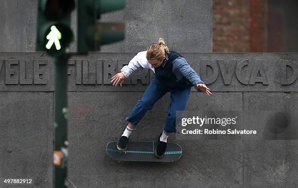 Rocco Ritchie plays on a skateboard on November 19, 2015 in Turin, Italy.