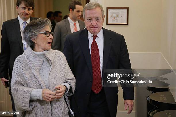 Sen. Barbara Boxer and Senate Minority Whip Richard Durbin arrive for a news conference about Democratic legislative proposals in the wake of last...