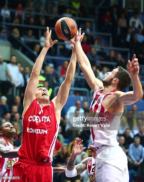 Karlo Zganec, #11 of Cedevita Zagreb competes with Ioannis Papapetrou, #6 of Olympiacos Piraeus during the Turkish Airlines Euroleague Regular Season...