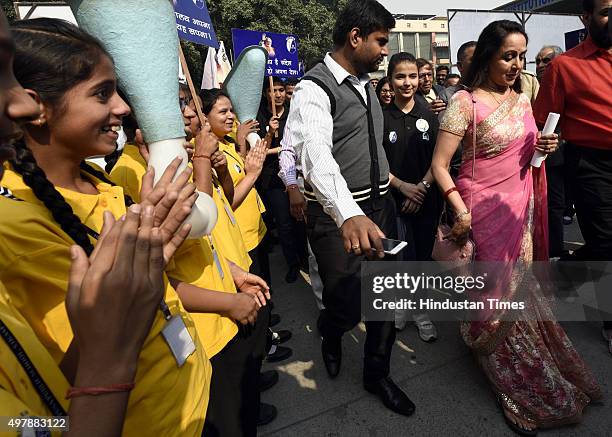 Hema Malini attends an event organized by Sulabh International to mark World Toilet Day on November 19, 2015 in New Delhi, India. Stressing on the...