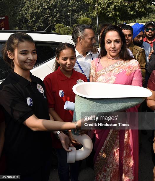 Hema Malini attends an event organized by Sulabh International to mark World Toilet Day on November 19, 2015 in New Delhi, India. Stressing on the...