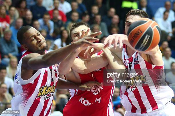 Strawberry, #8 of Olympiacos Piraeus competes with Karlo Zganec, #11 of Cedevita Zagreb during the Turkish Airlines Euroleague Regular Season Round 6...