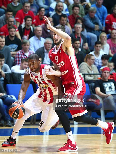 Strawberry, #8 of Olympiacos Piraeus competes with Luka Babic, #9 of Cedevita Zagreb during the Turkish Airlines Euroleague Regular Season Round 6...
