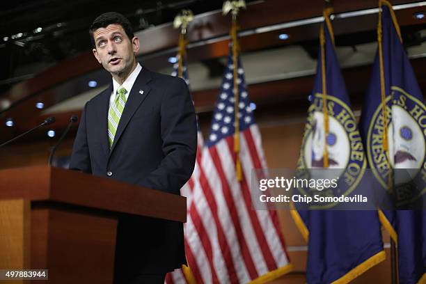 Speaker of the House Paul Ryan holds his weekly news conference at the U.S. Capitol Visitors Center November 19, 2015 in Washington, DC. Ryan said...