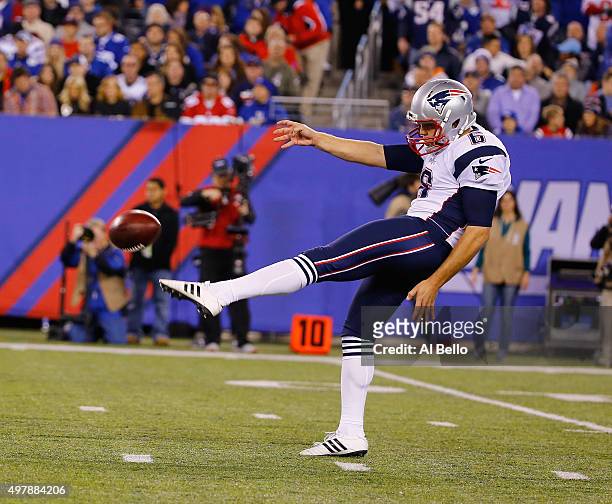 Ryan Allen of the New England Patriots in action against the New York Giants during their game at MetLife Stadium on November 15, 2015 in East...