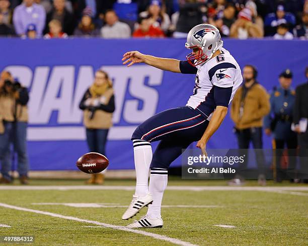 Ryan Allen of the New England Patriots punts against the New York Giants during their game at MetLife Stadium on November 15, 2015 in East...