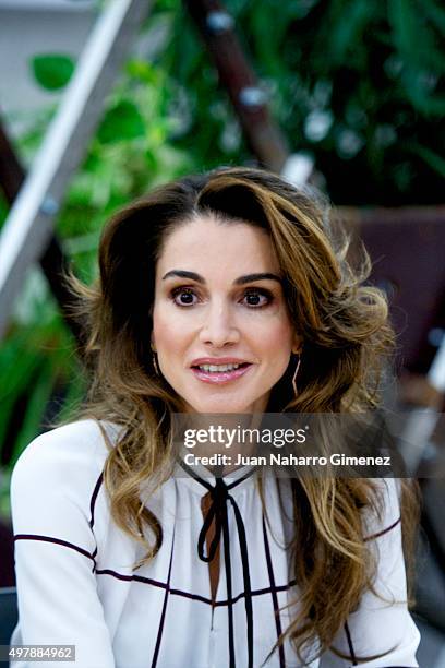 Queen Rania Abdullah of Jordan visits the Prado Media Lab cultural center on November 19, 2015 in Madrid, Spain.