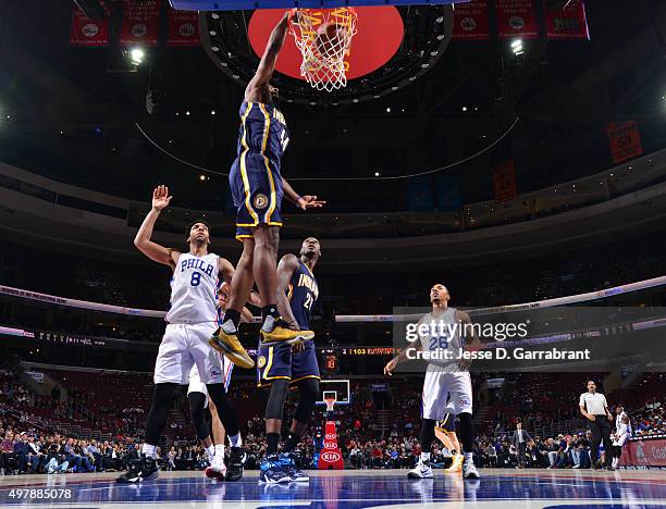 Solomon Hill of the Indiana Pacers dunks the ball against the Philadelphia 76ers at Wells Fargo Center on November 18, 2015 in Philadelphia,...