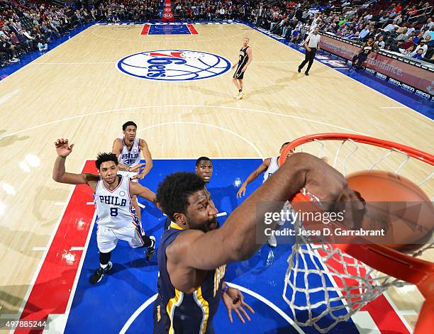 Solomon Hill of the Indiana Pacers dunks the ball against the Philadelphia 76ers at Wells Fargo Center on November 18, 2015 in Philadelphia,...