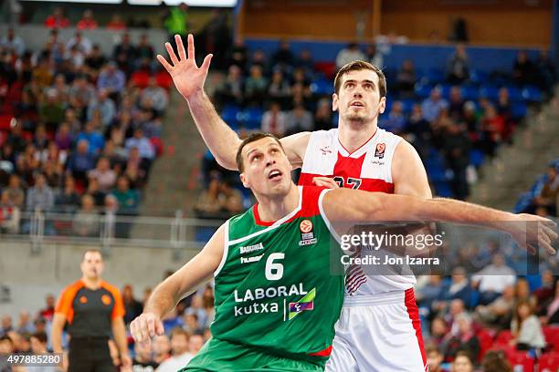 Darko Planinic, #6 of Laboral Kutxa Vitoria Gasteiz competes with Stanko Barac, #27 of EA7 Emporio Armani Milan during the Turkish Airlines...