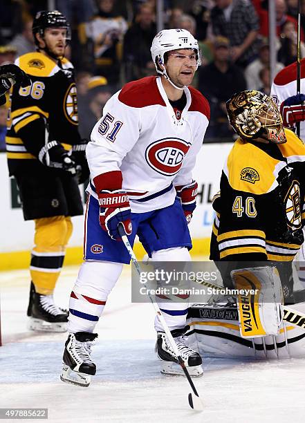 David Desharnais of the Montreal Canadiens plays in the game against the Boston Bruins at TD Garden on October 10, 2015 in Boston, Massachusetts.