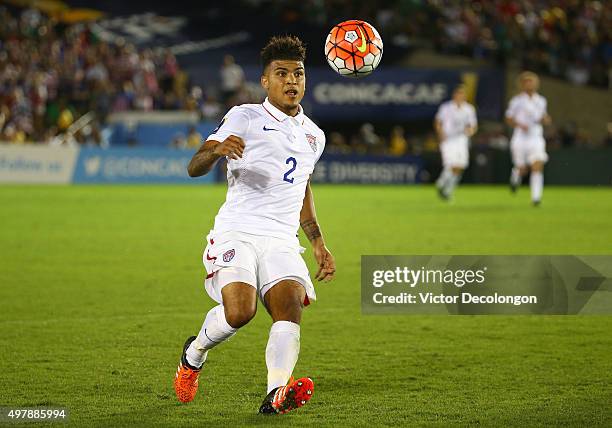 DeAndre Yedlin of the United States looks to play the volley during the 2017 FIFA Confederations Cup Qualifying match against Mexico at Rose Bowl on...