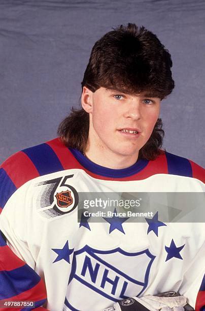 Jaromir Jagr of the Wales Conference and the Pittsburgh Penguins poses for a portrait before the 1992 43rd NHL All-Star Game against the Campbell...