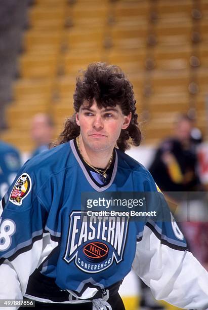 Jaromir Jagr of the Eastern Conference and the Pittsburgh Penguins skates on the ice during warm-ups before the 1996 46th NHL All-Star Game against...