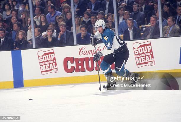 Jaromir Jagr of the Eastern Conference and the Pittsburgh Penguins goes for the puck during the 1996 46th NHL All-Star Game against the Western...