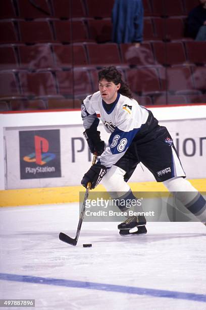 Jaromir Jagr of the World and the Pittsburgh Penguins skates with the puck before the 1998 48th NHL All-Star Game against North America on January...