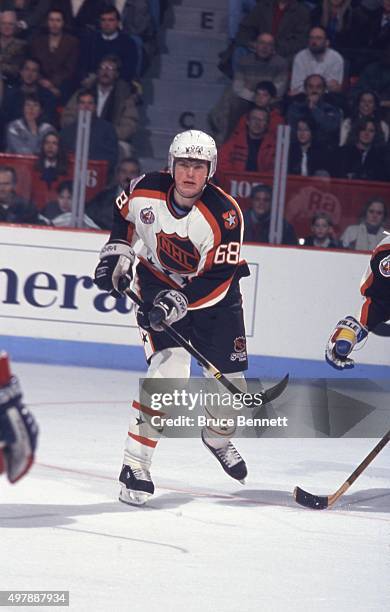 Jaromir Jagr of the Wales Conference and the Pittsburgh Penguins skates on the ice during the 1993 44th NHL All-Star Game against the Campbell...