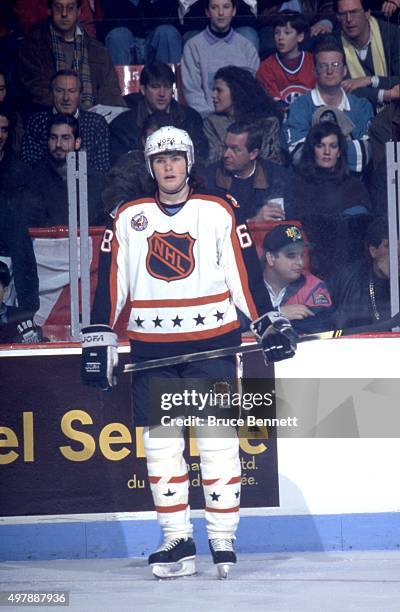 Jaromir Jagr of the Wales Conference and the Pittsburgh Penguins stands on the ice during the 1993 44th NHL All-Star Game against the Campbell...