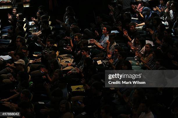 Students listen to Republican Presidential candidate Sen. Bernie Sanders speak about combating ISIS and democratic socialism atÊGeorgetown University...