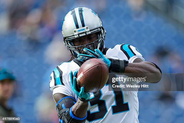 Charles Tillman of the Carolina Panthers warming up before a game against the Tennessee Titans at Nissan Stadium on November 15, 2015 in Nashville,...