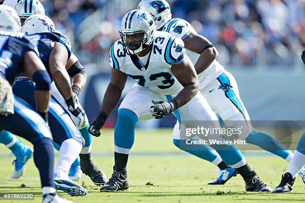 Michael Oher of the Carolina Panthers blocks at the line during a game against the Tennessee Titans at Nissan Stadium on November 15, 2015 in...