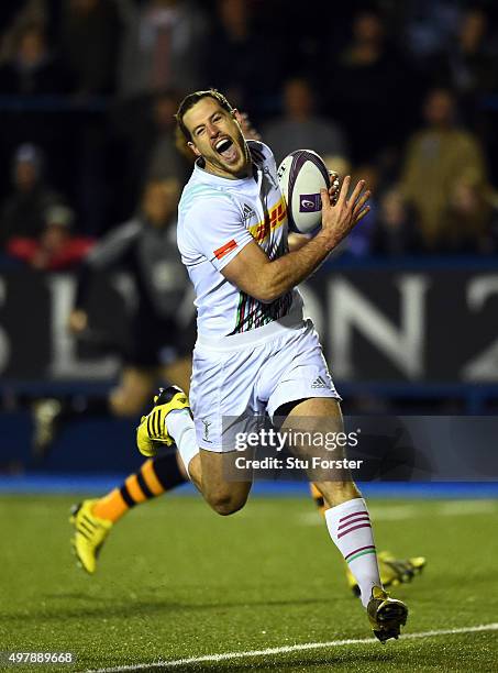 Harlequins wing Tim Visser races through to score during the European Rugby Challenge Cup match between Cardiff Blues and Harlequins at Cardiff Arms...