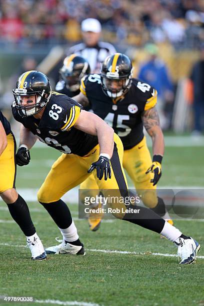Heath Miller of the Pittsburgh Steelers in action during the game against the Oakland Raiders at Heinz Field on November 8, 2015 in Pittsburgh,...