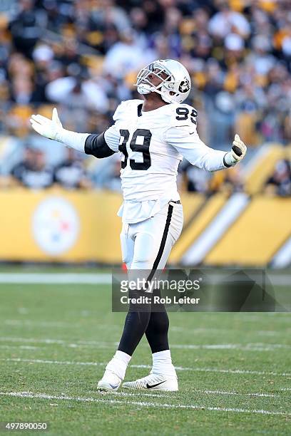 Aldon Smith of the Oakland Raiders celebrates during the game against the Pittsburgh Steelers at Heinz Field on November 8, 2015 in Pittsburgh,...