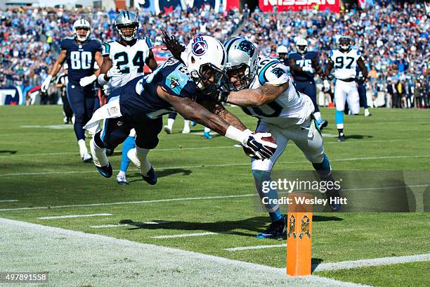 Dexter McCluster of the Tennessee Titans dives for the end zone corner marker while being hit by Kurt Coleman of the Carolina Panthers at Nissan...