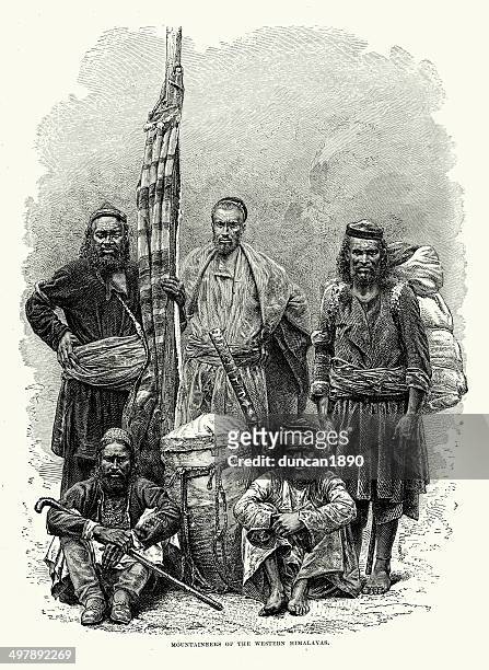 mountaineers of the western himalayas - india tribal people stock illustrations