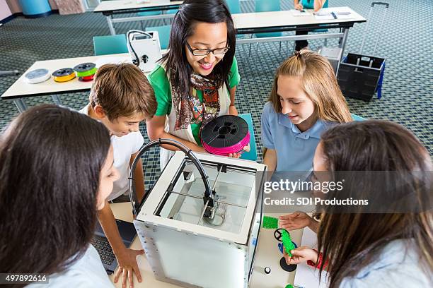 teacher teaching students to load filament into 3d printer - 3d printers stock pictures, royalty-free photos & images