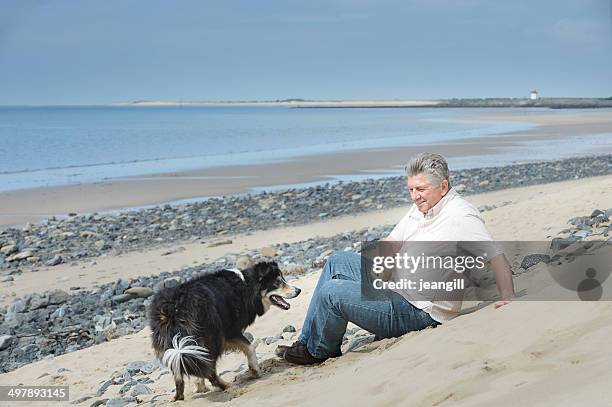 man and dog, sitting on the beach - fat man on beach stock pictures, royalty-free photos & images