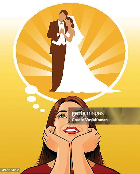 illustrazioni stock, clip art, cartoni animati e icone di tendenza di giovane donna sognare ad occhi aperti sul matrimonio - wedding planning