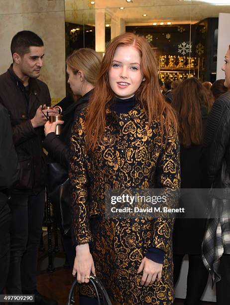 Ellie Bamber attends the Mount Street Christmas Lights switch on hosted by Linda Farrow featuring the launch of Julian The Bear, the Linda Farrow...